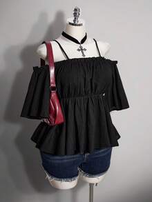 SHEIN ICON 大尺碼夏季休閒素色露肩細肩帶上衣 - 黑色 - 查看 5