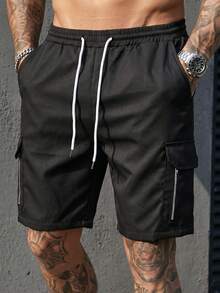 Manfinity CasualCool American Techwear Style Cargo Shorts For Men, Black Drawstring Waist, Multi-Pocket Zipper, Summer Thin Casual 5-Point Pants - Black - View 1