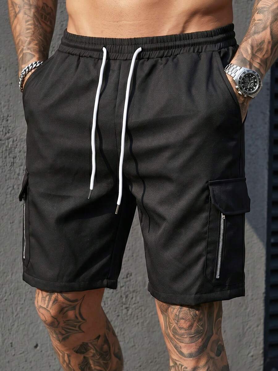 Manfinity CasualCool American Techwear Style Cargo Shorts For Men, Black Drawstring Waist, Multi-Pocket Zipper, Summer Thin Casual 5-Point Pants - Black - View 1