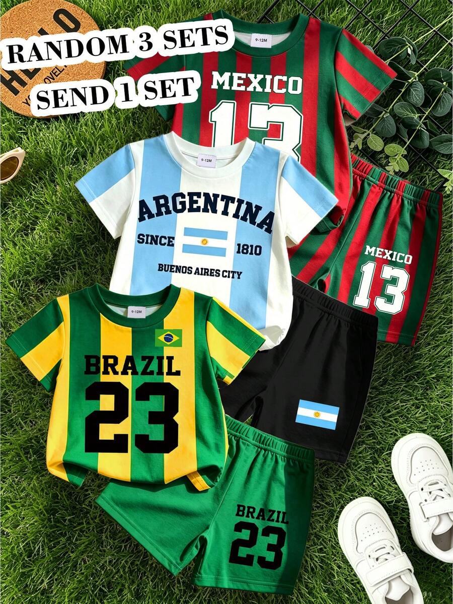 RANDOM 3 SETS ENVIAR 1 SET, Conjunto Combinado Estilo Deportivo de Verano. Incluye Estilos con Tema de la Copa de Fútbol con Camiseta Estampada a Rayas Amarillas & Verdes de Brasil + Pantalones Cortos, Jerseys con Temas de Varios Países - Multicolor - Ver 1