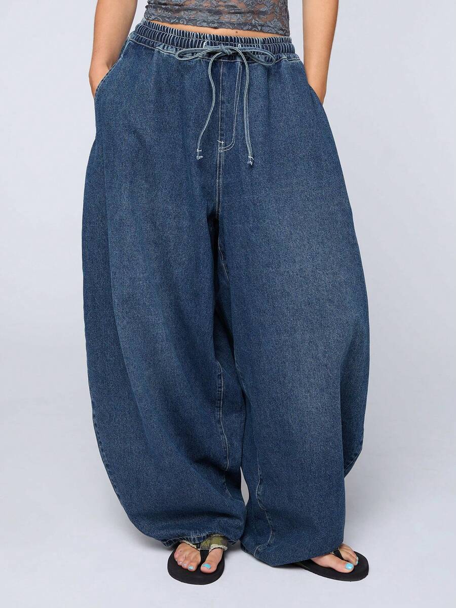 COUREZ Elasticated Waist Baggy Balloon Jeans / Y2K Autumn Outifts For Women Casual Outfits Autumn Jeans Going Out Outfits Rave Outfits Autumn Denim Joggers - Dark Wash - View 1