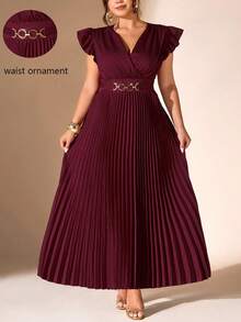 Cravure Robe longue décontractée bordeaux pour femmes grande taille, élégante et décontractée pour l'été, avec manches à volants froncés, décoration de boutons métalliques, taille froncée au dos, taille affinée et ourlet plissé - Rouge foncé - Voir 7