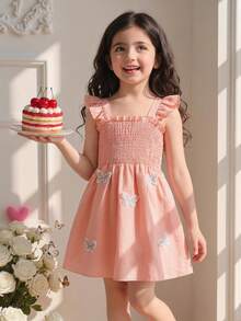 SHEIN Genkimix Kids 女童蝴蝶装饰荷叶边优雅短袖公主裙，夏季 - 粉色 - 查看 2