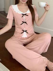 DAZY Women's Bow Decor Short Sleeve Top And Pants Pajama Set - Pink - View 3