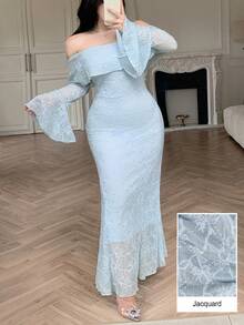 Modelyn Robe de soirée élégante et sophistiquée style dame, bandeau tube, tricot jacquard, manches évasées, coupe slim, robe grande taille pour femmes - Bleu azur - Voir 6