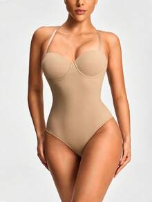 SHAPORA 1 件女士纯色细肩带交叉后背简约休闲紧身衣 - 卡其色 - 查看 5
