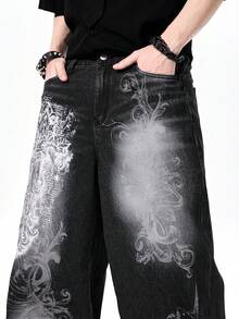 ROMWE MEN Jeans rectos de ajuste holgado con estampado lavado de peso pesado para hombres - Negro - Ver 6