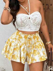 Sunnyshic Plus Size French Vintage Print Shorts, Shirred, Lace-Up, Ruffle, Elastic Waist Concealing Shorts, Blue Porcelain White Ruched Ruffle Mini Pants, High Waist Patchwork Gathered Pants, Suitable For Summer Vacation And Beach Trips, Travel Photography, Dating - Multicolor - View 6