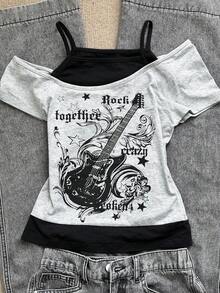 DAZY Áo top nữ casual họa tiết guitar & chữ in phối patchwork, đa năng cho mùa xuân & mùa hè - Xám - Xem 3