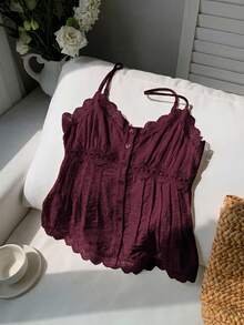 Comfortcana Women's Solid Color Contrast Lace Single-Breasted Camisole Top - Brown - View 4
