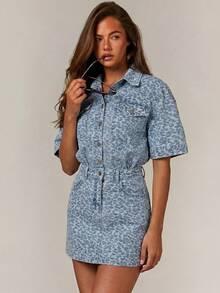 Athîral Denim 女款牛仔豹紋短洋裝 - 淺色水洗藍 - 查看 3