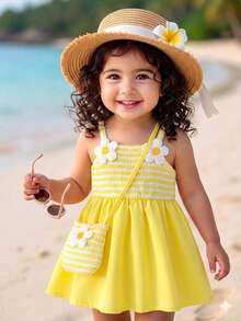 SHEIN Playful Pals Baby Girls Summer Orange & White Sweet Fresh Floral Decor Camisole Dress With Matching Small Crossbody Bag, Loose Skirt Fit, Suitable For Daily Outings, Casual Trips, Family Gatherings, Summer Picnics - Yellow - View 3