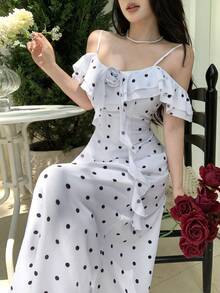 Celisse Polka Dot Ruffle Collar 3D Flower French Elegant Romantic Women's Long Dress Vacation White And Black Summer - White - View 5