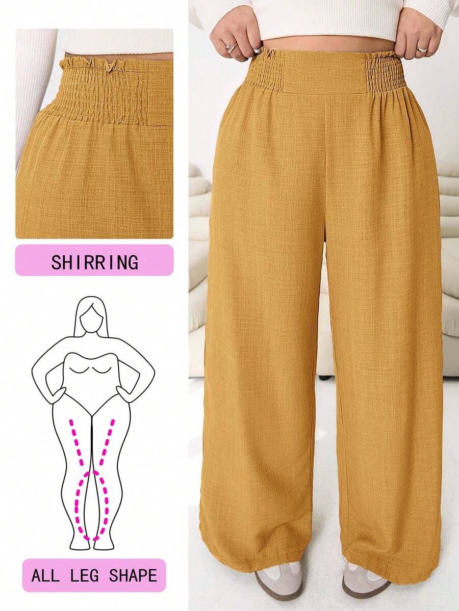 Solflare New Casual Loose Fit Plus Size Trousers, Linen Look Fabric, Elastic Waist With Gathered Detail, Mustard Yellow, Suitable For Outings, Holiday, Summer - Light Yellow - View 1