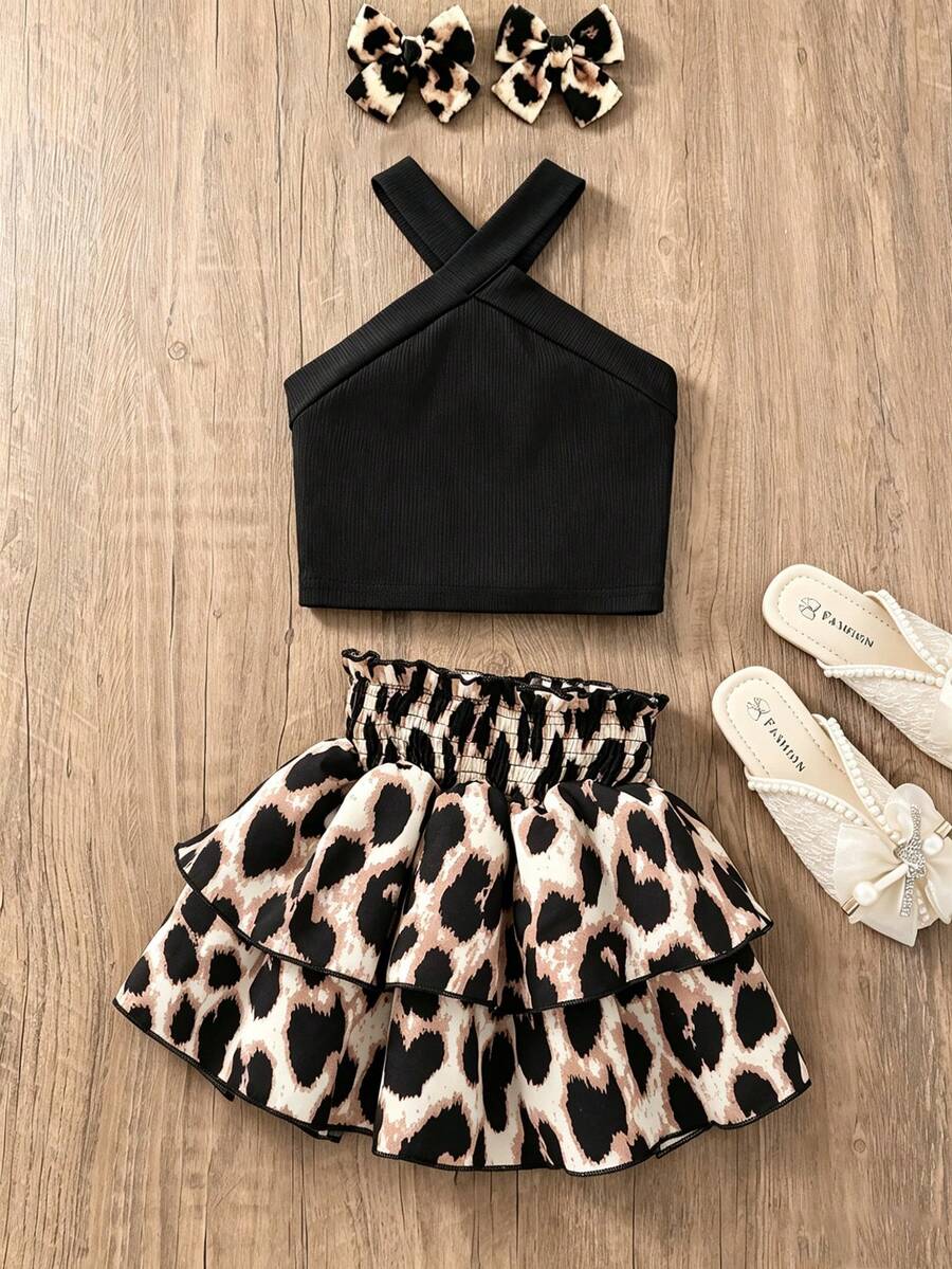 SHEIN Elladie kids 2件組少女度假風黑色掛脖無袖背心上衣與豹紋彈性腰花卉荷葉層次裙套裝