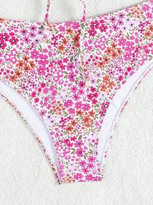 Swim Vcay 女款夏季海灘度假新款可愛平口式荷葉邊甜美小碎花精緻珍珠吊墜抽繩繫帶比基尼套裝 - 彩色 - 查看 4