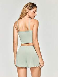 SHAPORA Solid Color Crop Cami Top & Split Shorts Homewear Set Outfit - Green - View 4