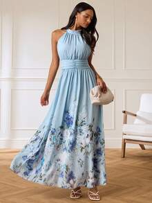 Lilora Women's Elegant Romantic Floral Print Dress High-End Fashion Versatile Suitable For Commuting Daily Casual Birthday Mother Of The Bride Wedding Garden - Blue - View 4