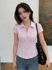DAZY Solid Color Turn Collar Slim Fit Short Sleeve White Women's Shirt - Watermelon Pink - View 5