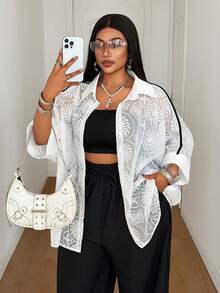 Maweii French Vintage Hollow Out Blouse, Slouchy Plus Size Loose Batwing Sleeve Mid-Length Shirt - White - View 1