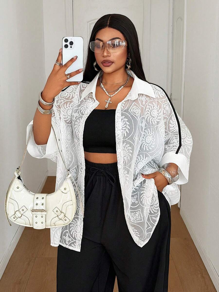 Maweii French Vintage Hollow Out Blouse, Slouchy Plus Size Loose Batwing Sleeve Mid-Length Shirt - White - View 1