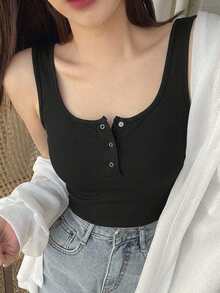 DAZY 女款夏季休閒百搭素色背心上衣 - 黑色 - 查看 7