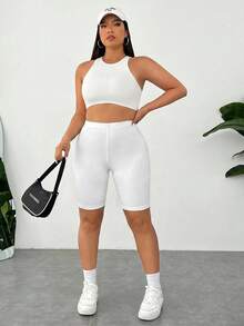 Comfortcana Casual Minimalist Plus Size Women's White Short Leggings Summer - White - View 6