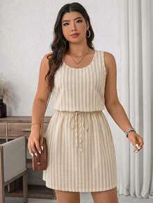 Comfylo Casual Simple Vintage Striped Pattern Print Plus Size Dress Suitable For Spring And Summer Suitable For Vacation - Multicolor - View 6