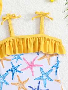 SHEIN Baju Renang Terusan Bayi Perempuan Baru Lahir dengan Tali Bahu Tipis dan Hiasan Pita, Plus Topi, Motif Pantai yang Lucu - Kuning - View 7
