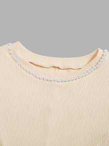 Elenzga Apricot Pearl Round Neck Short Sleeve Ribbed Cinched Waist A-Line Women's Short Dress - Apricot - View 6
