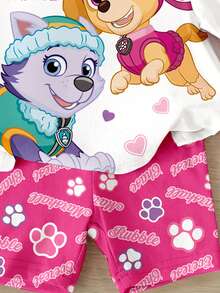 SHEIN | PAW Patrol 女嬰圓領字母卡通印花短袖T恤與短褲休閒日常套裝 - 彩色 - 查看 4