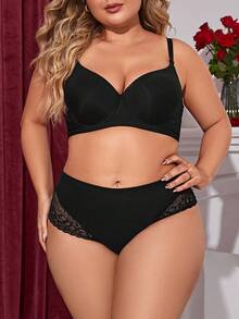 Divavoom Plus Size Black Plain Contrast Lace High Waisted Panties With Medium Stretch Fabric For Women - Black - View 5
