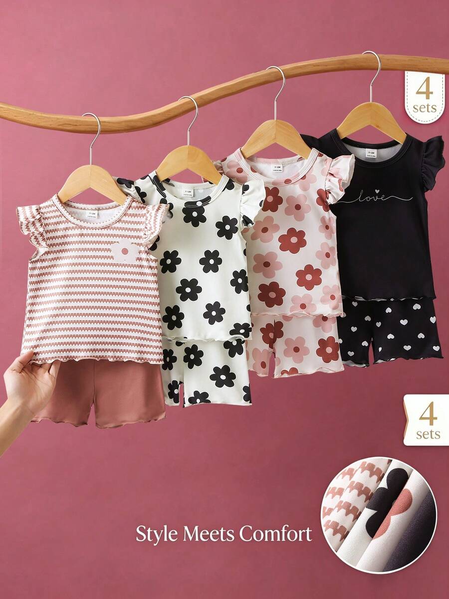 SHEIN Playful Pals 女童夏季甜美花卉荷葉袖套裝,多色可選,荷葉邊印花T恤+短褲兩件套,親膚韓系嬰幼兒女童服飾 - 棕色 - 查看 1