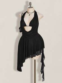 SHEIN ICON Plus Size Retro Sexy Millennial Style Y2K Modern Urban Elegant Party Date Night Two-Piece Black Dress Asymmetric Hem Ruffles Ribbons Halloween Summer - Black - View 4