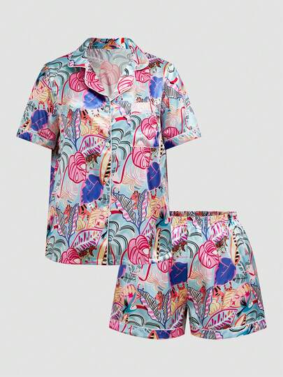 Chillnights Young Casual Contrast Color Tropical Leaf Print Loose Lapel Button Satin Plus Size Pajama Set