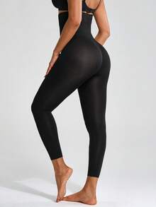 SHAPORA Solid Color High Waisted Tummy Control Pants - Black - View 5