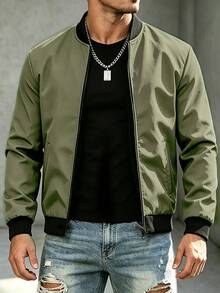 Manfinity Homme Men's Colorblock Long Sleeve Zipper Front Casual Baseball Jacket - Army Green - View 3
