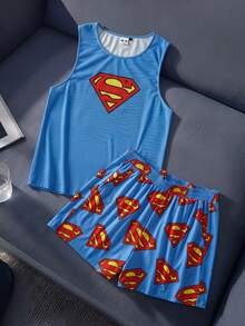 SUPERMAN X SHEIN Men's Print Tank Top And Shorts Loungewear Set - Blue - View 1