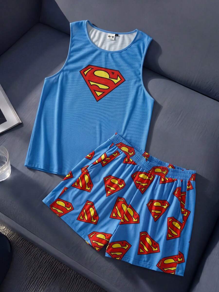 SUPERMAN X SHEIN Men's Print Tank Top And Shorts Loungewear Set - Blue - View 1