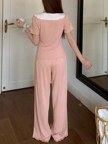DAZY Women's Bow Decor Short Sleeve Top And Pants Pajama Set - Pink - View 2