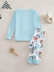 SHEIN Young Boy Cartoon Print Crew Neck Long Sleeve Top And Elastic Waist Long Pants Loungewear Set - Baby Blue - View 2