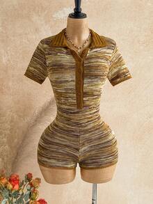 Soleia Women's Vacation Casual Boho Short Sleeve Fitted Knit Romper, Date Beach, West Music Festival Bohemia Brown Striped, Street, No Breast Pads Autumn - Multicolor - View 6