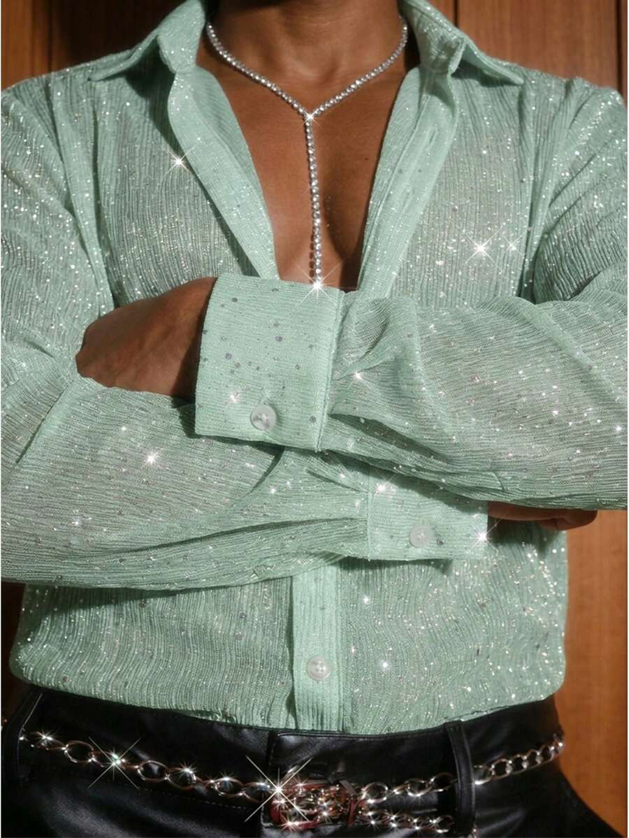AKNOTIC Áo sơ mi nam dệt kim thời trang casual trẻ trung dáng rộng tay ngắn - Màu xanh Bạc hà - Xem 1