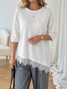 SHEIN LUNE 女款休閒蕾絲拼接夏季度假通勤日常基本款時尚外出短袖不對稱下擺針織上衣 - 杏色 - 查看 4