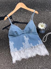 Comfortcana 女款拼接花卉蕾絲時尚吊帶牛仔上衣 蕾絲拼接款 派對早午餐約會海灘外出休閒 Y2K 90年代風鄉村藍 夏季 - 淺色水洗藍 - 查看 6