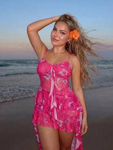 SHEIN ICON Plus Size Black V-Neck Ruffle Trim Front Short Back Long Cami Dress, Y2K Sexy Ruffle Cami Dress - Hot Pink - View 3