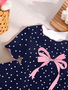 Baby Girls New Fashion Hot-Selling Bowknot Pattern Polka Dot Print Knit Ruffle Trim Round Neck Top With All-Over Print Long Pants 2-Piece Set Loungewear 1Set - White - View 4