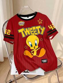 LOONEY TUNES X SHEIN 大码夏季休闲条纹卡通图案圆领短袖T恤 - 白色 - 查看 1