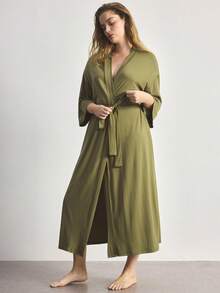 Ocili Comfortable Soft Minimalist Long Sleeve Plus Size Robe - Dark Green - View 4
