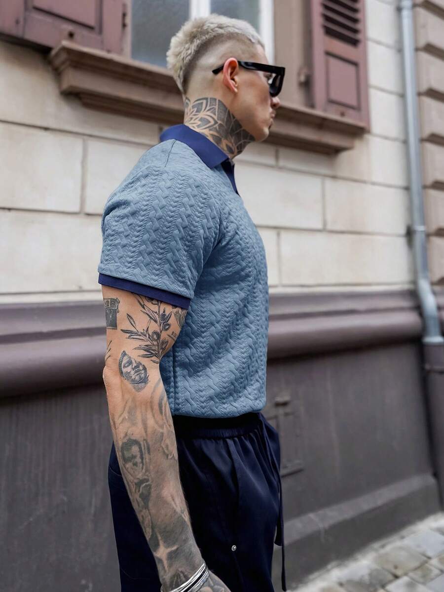 Artur Kramer 男士撞色滚边休闲Polo衫,纹理Polo衫,男士夏季Polo衫,针织Polo衫,蓝色短袖Polo衫,男士休闲Polo衫,适合日常休闲、周末旅行、户外活动、探险旅行、轻松的工作环境或半正式场合,男友/丈夫礼物,周年纪念礼物,圣诞节蓝色Polo衫,蓝色上衣,针织图案Polo衫,男士针织Polo衫,浅蓝色男士圣诞节Polo衫 - 藍色 - 查看 1